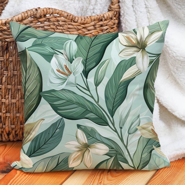 Gröna blad Vita liljor Botanisk blomster Grönska Kudde (Green Leaves White Lilys Botanical Floral Greenery Throw Pillow)