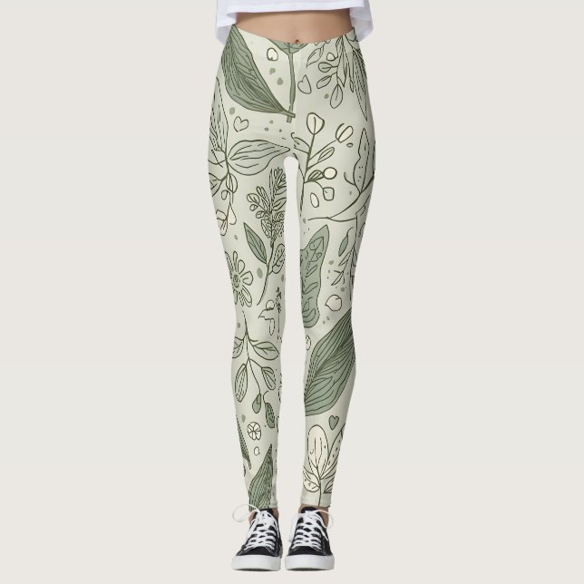 Gröna Bladiga Mönstrade Leggings | Natur yoga (Framsida)