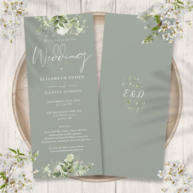 Gröna Blomdetails Elegant Salvia Grön Bröllop Inbjudningar (Greenery Floral Details Elegant Sage Green Wedding Invitation)