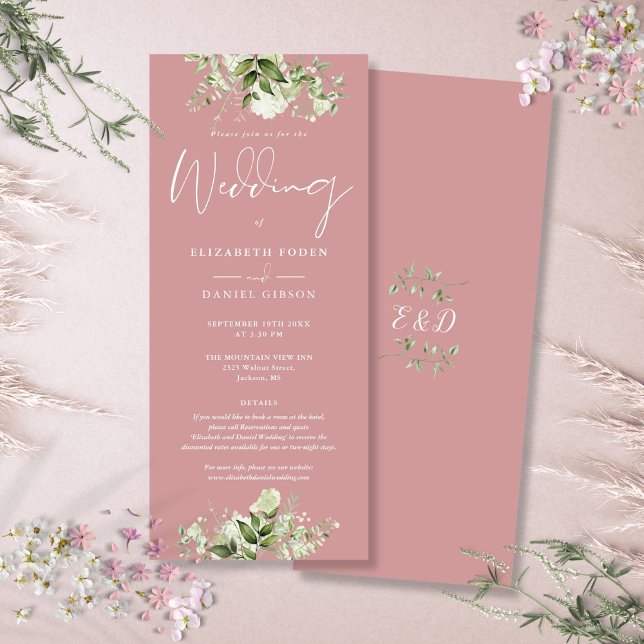 Gröna blomdetaljer Dammtrosa bröllop Inbjudningar (Greenery Floral Details Dusty Rose Wedding Invitation)