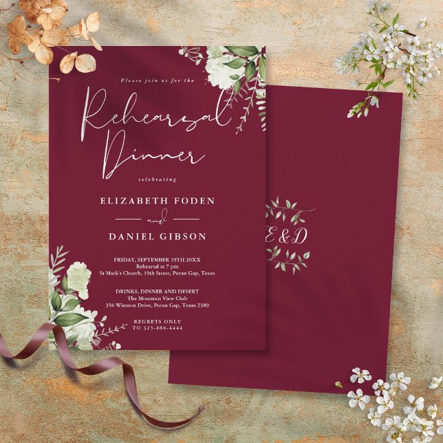 Gröna blommiga burgunderröda övningsmiddagar inbjudningar (Greenery Floral Burgundy Rehearsal Dinner Invitation)