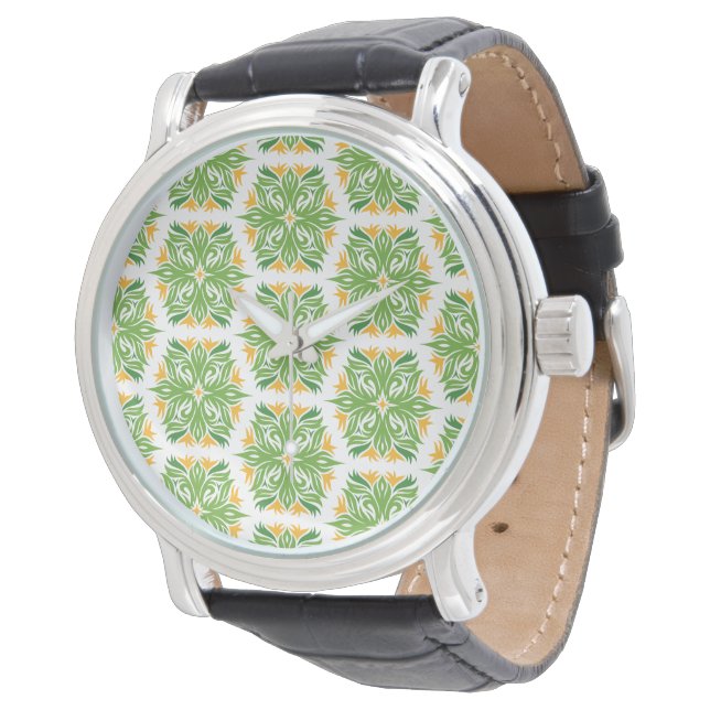 Gröna blommor, blommönster, blomster mönster armbandsur (Vinklad)