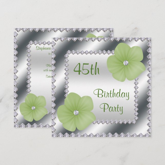 Gröna blommor & diamanter 45-årsdag inbjudningar (Fram/baksida)
