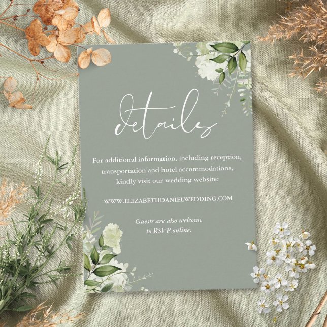 Gröna Blommor Elegant Salvia Grön Bröllopsdetalj Tilläggskort (Greenery Floral Elegant Sage Green Wedding Details Enclosure Card)