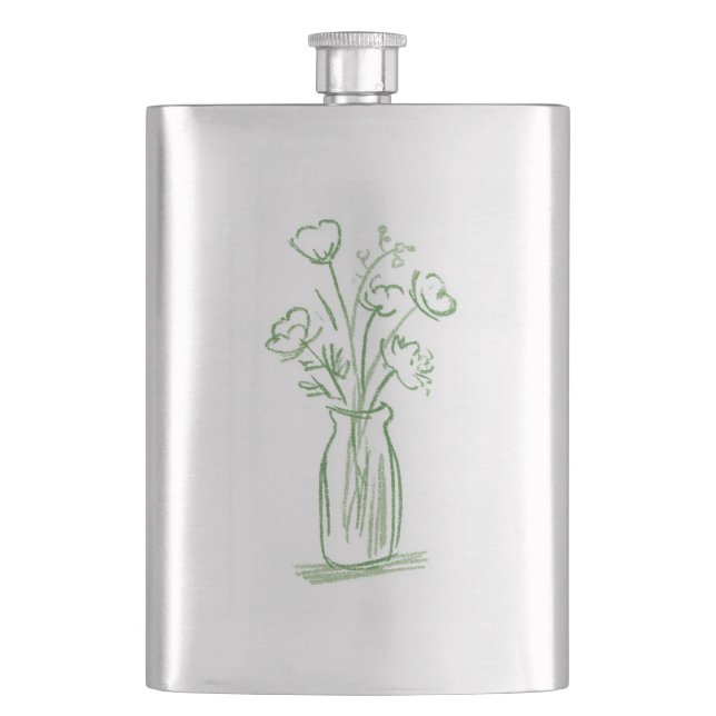 Gröna Blommor | Minimalt Handritad Botanisk Flask Fickplunta (Framsidan)