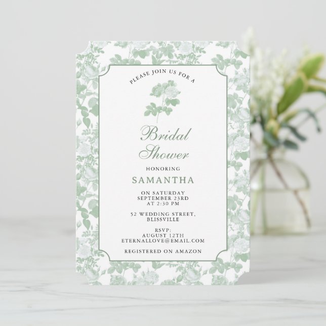 Gröna blomrosor Chinoiserie Bröllopsdusch  Inbjudningar (Stående Fram)