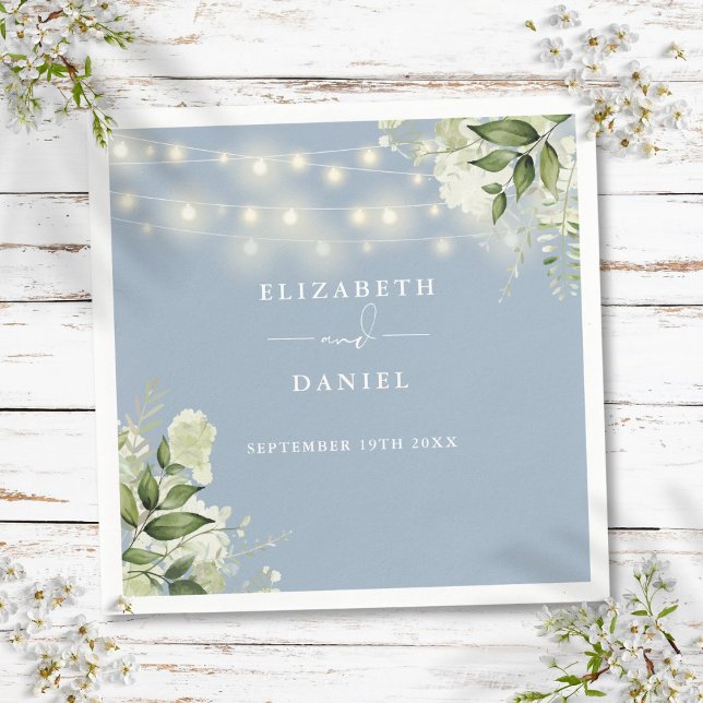 Gröna blomstersträngljus dammig blå bröllopsdekora pappersservett (Greenery Floral String Lights Dusty Blue Wedding Napkins)