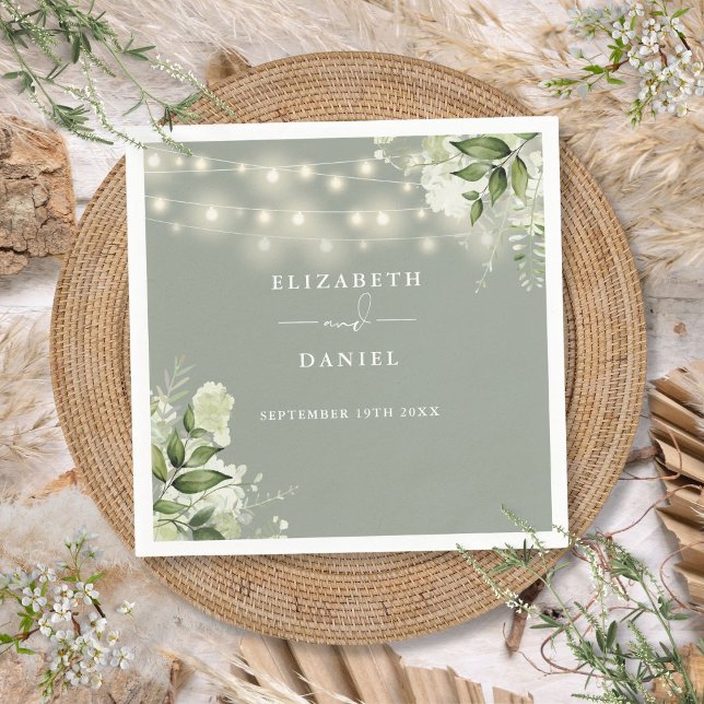 Gröna blomstersträngljus Sagegröna bröllopsdekorat Pappersservett (Greenery Floral String Lights Sage Green Wedding Napkins)