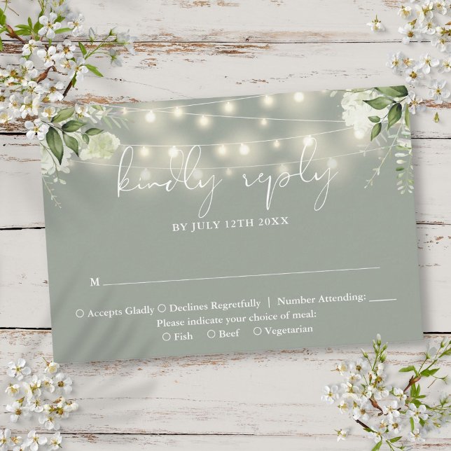 Gröna blomstersträngljus Sålgrön vigsel OSA Kort (Greenery Floral String Lights Sage Green Wedding RSVP Card)