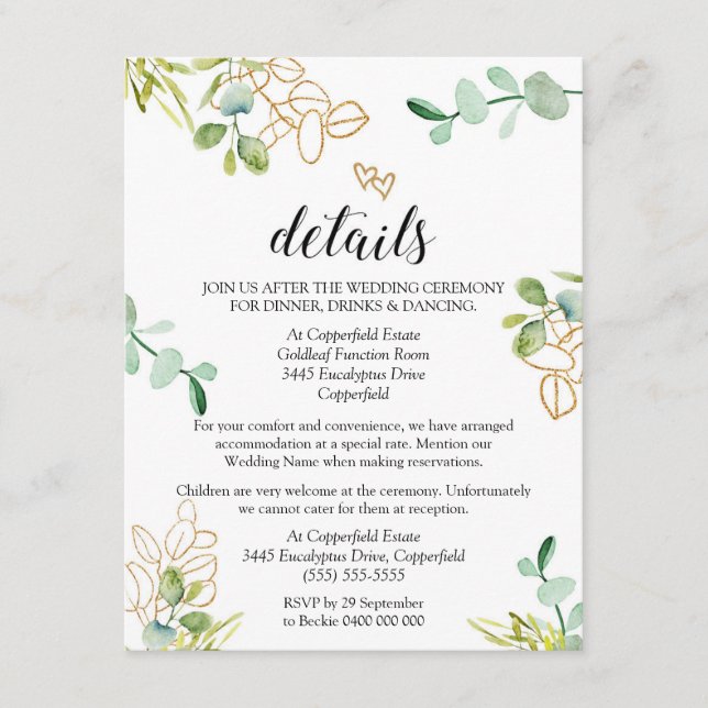 Gröna Bröllopsdetaljer Bifogad Kort Eukalyptus (Framsida)