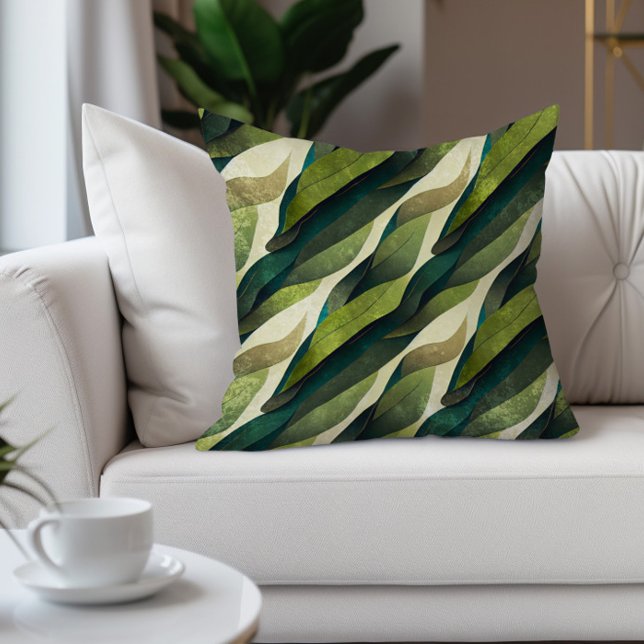 Gröna Bruna Blad Abstrakt Jordtoner Kudde (Abstract green leaves decorator pillow)