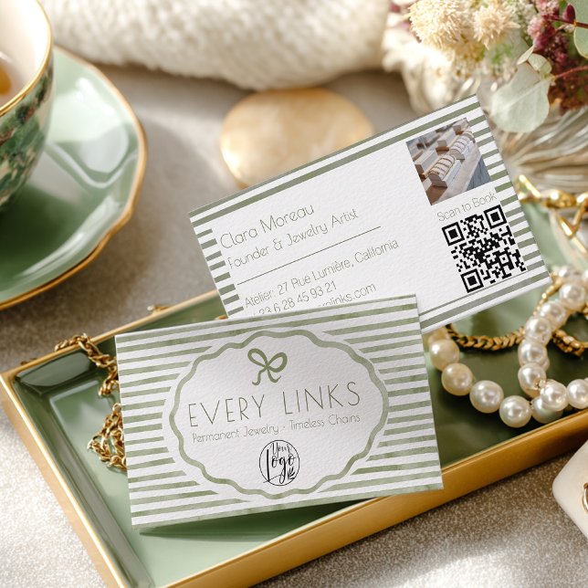 Gröna Coquette-ränder Permanent smycke QR-kod Visitkort (Green Coquette Stripes Permanent Jewelry QR Code Business Card)