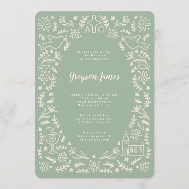 Gröna & Crème Dopinvitation Symboler Inbjudningar (Framsida)