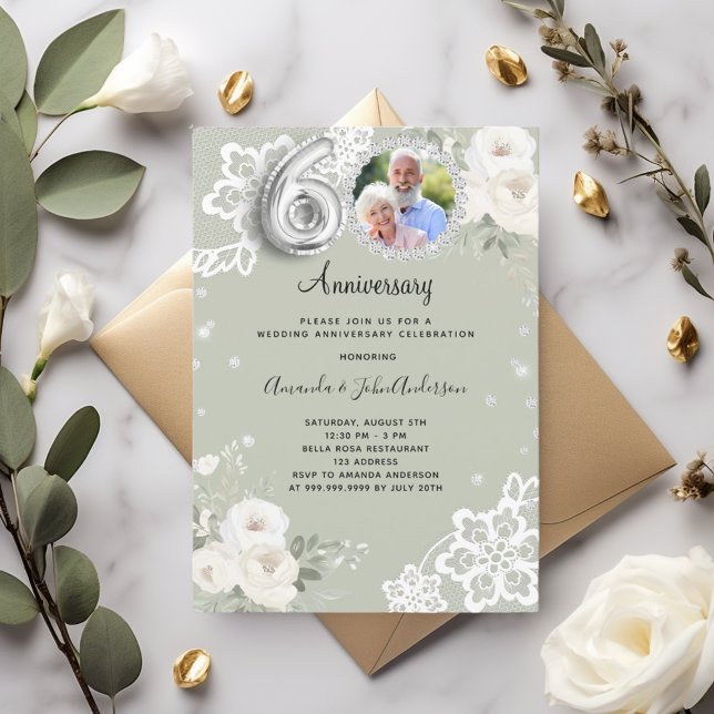 Gröna diamantblommor 60-års bröllopsjubileum inbjudningar (Skapare uppladdad)