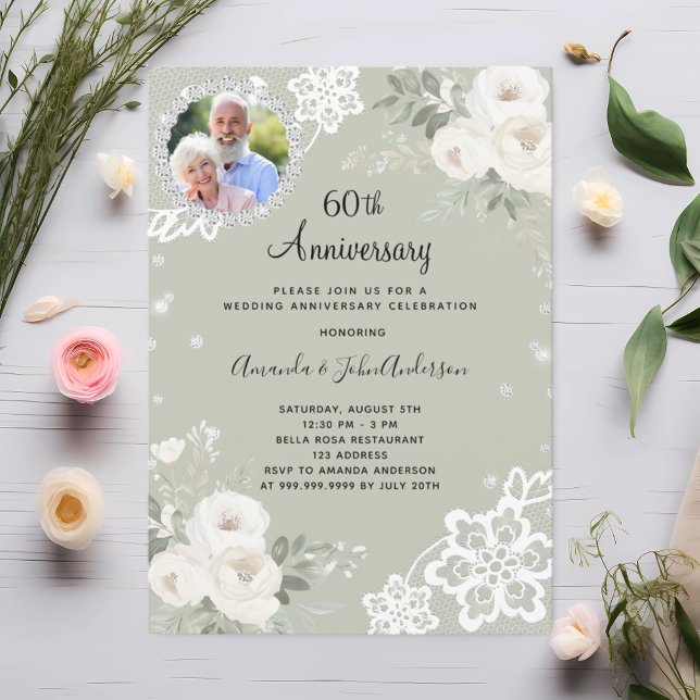 Gröna diamantblommor 60-års bröllopsjubileum inbjudningar (Skapare uppladdad)