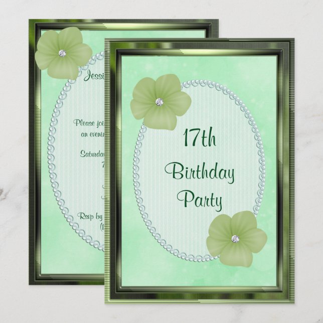 Gröna Diamantblommor & Pärlor 17-årsdag Inbjudningar (Fram/baksida)
