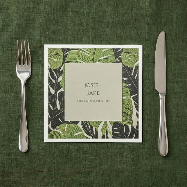 Gröna djungelblad, djärva och moderna, bröllop pappersservett (Green jungle leaves, bold and modern, wedding napkins.)