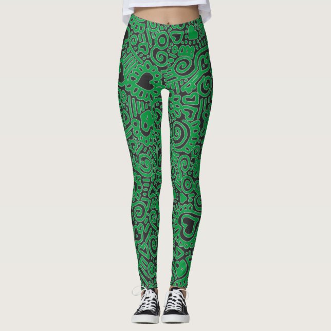 Gröna Doodle Mönster Leggings (Framsida)
