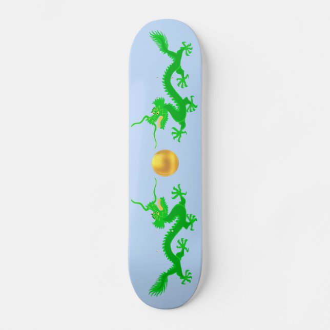Gröna drakar med guldboll på ljusblå mini skateboard bräda 18,5 cm (Framsida)