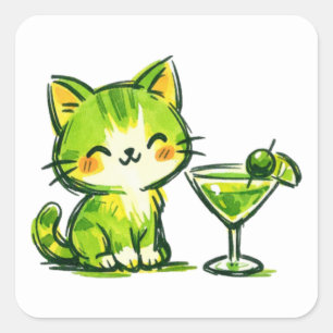 Gröna drinkar och katter fyrkantigt klistermärke