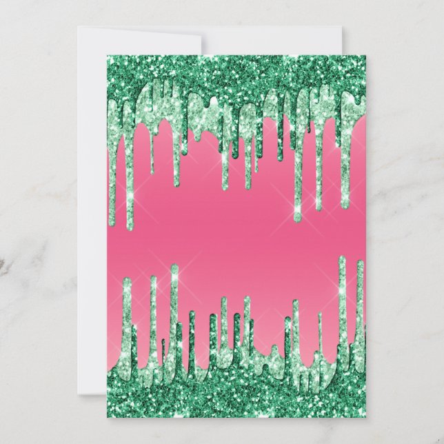 Gröna droppande glitter Chic rosa färg på vattenme Inbjudningar (Framsida)
