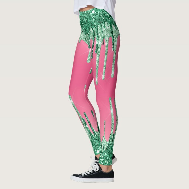 Gröna droppande glitter Chic rosa vattenmelonfärg Leggings (Vänster)