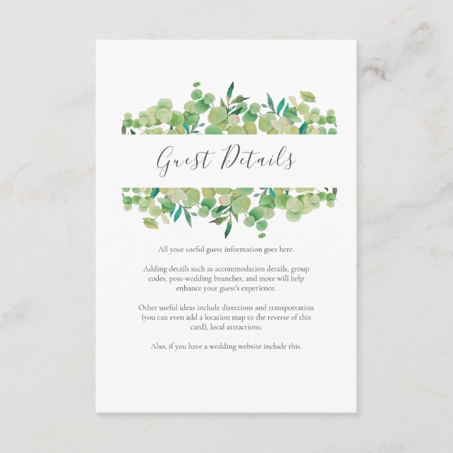 Gröna eukalyptus gästinformation detaljer tilläggskort (Framsida)