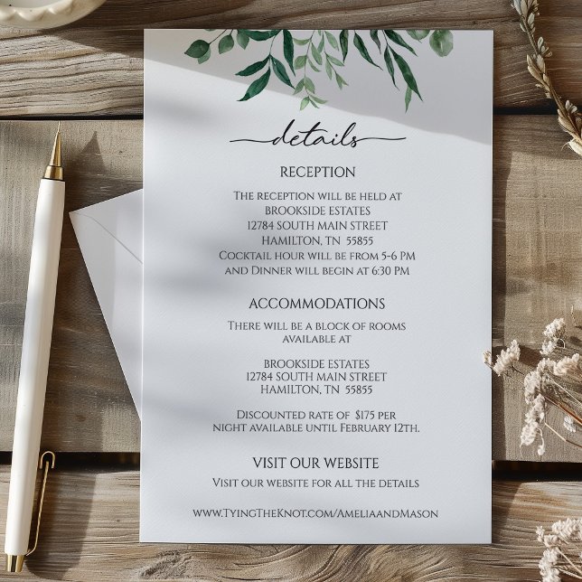 Gröna eukalyptus mottagningsdetaljkort tilläggskort (Greenery Eucalyptus Reception Details Card)