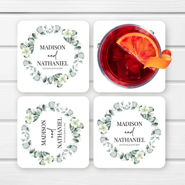 Gröna Eukalyptusblad Grönska Botanisk Bröllop Underlägg Papper Kvadrat (Skapare uppladdad)