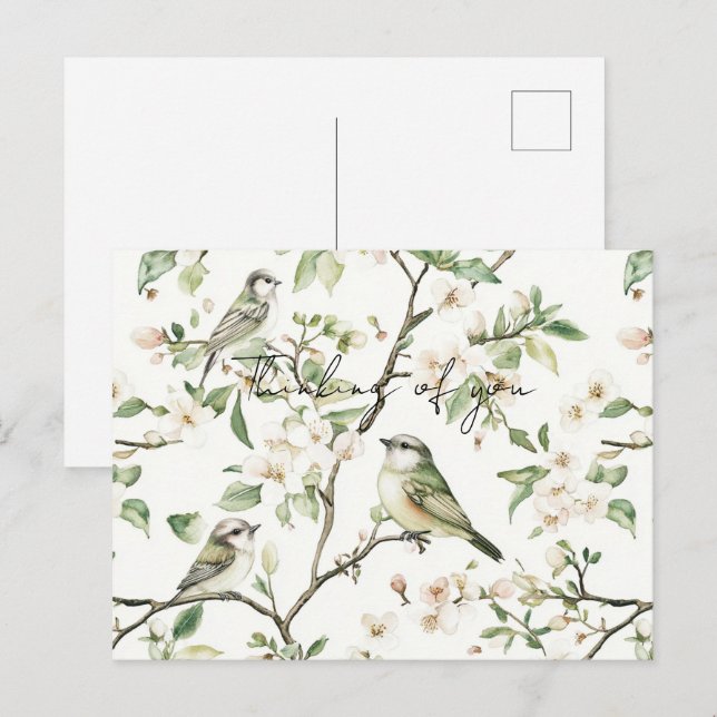 Gröna fåglar Vita blommor Träd Tänker på dig Vykort (Fram/baksida)