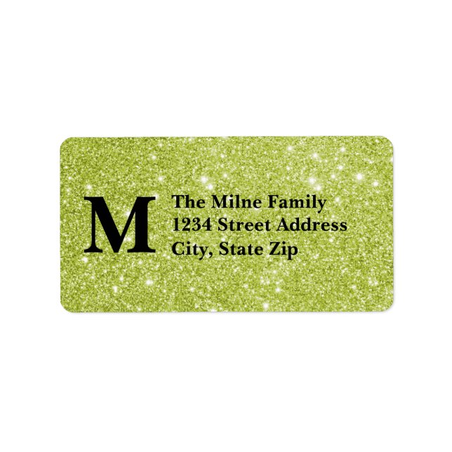 Gröna falska glittermonogramadressetiketter adressetikett (Framsidan)