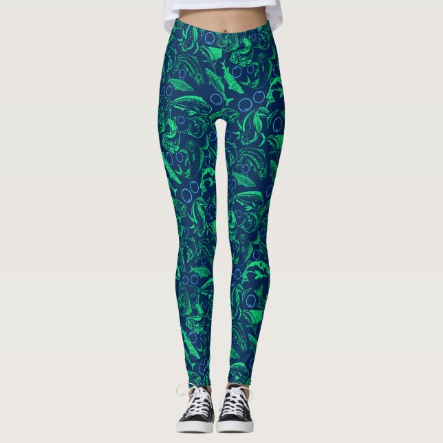 Gröna Fiskar Mönster 10.w D Blå BG Leggings (Framsida)