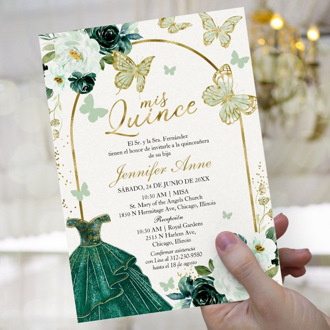 Gröna fjäril spanska Quinceanera-inbjudningar Inbjudningar (Skapare uppladdad)