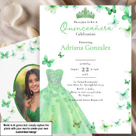 Gröna Fjärilar Klänning Tiara Foto Quinceanera Inbjudningar
