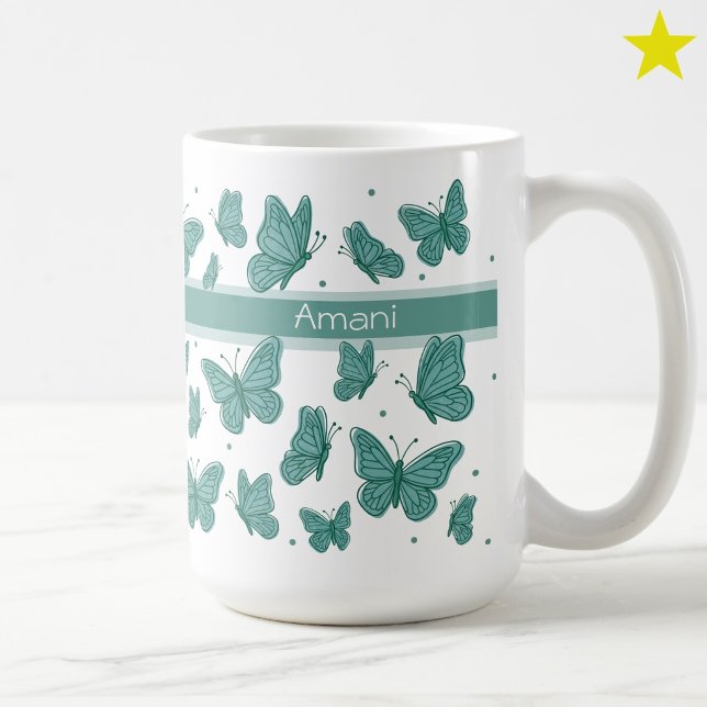 Gröna Fjärilar & Prickar Anpassat Namn Monogram Kaffemugg (Skapare uppladdad)