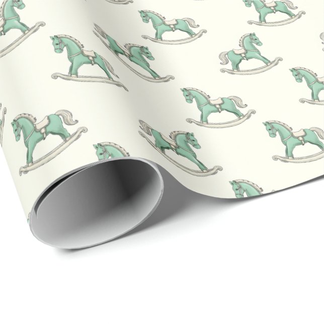 Gröna gammaldags gunghästar Ny Babyfirande Presentpapper (Rullad Hörn)