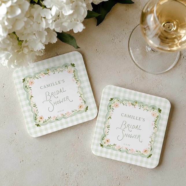 Gröna Gingham Blommig Bröllopsdusch Pappersunderlä Underlägg Papper Kvadrat (Green Gingham floral Bridal shower coasters)