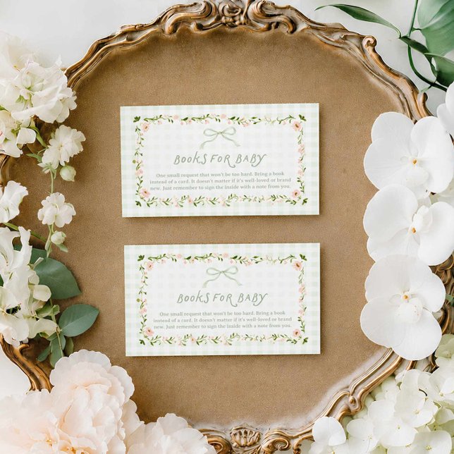 Gröna Gingham Bow Böcker för Baby Kort (Sage Green Gingham and Bow Books for Baby Bridal Shower Card)