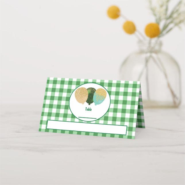 Gröna Gingham Glitterballonger Vikta Bordsskyltar  Placeringskort (Framsida)