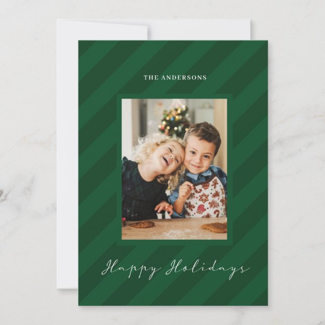 Gröna glädjefulla moderna randiga fotoholidaykort julkort (Framsida)