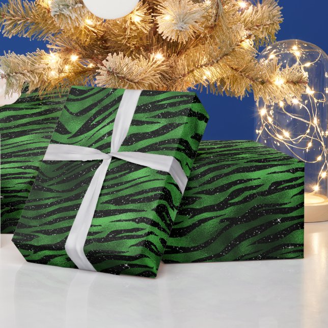 Gröna glitter glam tiger randigt mönster presentpapper (Helgdagar)