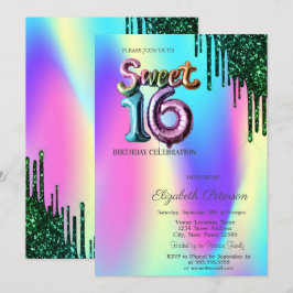 Gröna Glitterdroppar Holografisk Ballong Sweet 16 Inbjudningar