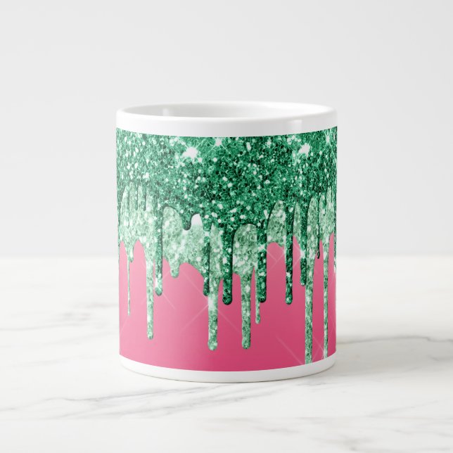 Gröna glitterdroppar Rosa Glam Trendig Jätte Jumbo Mugg (Framsidan)