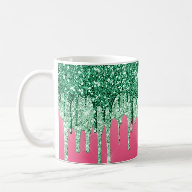 Gröna glitterdroppar Rosa Glam Trendigt Roligt Kaffemugg (Vänster)