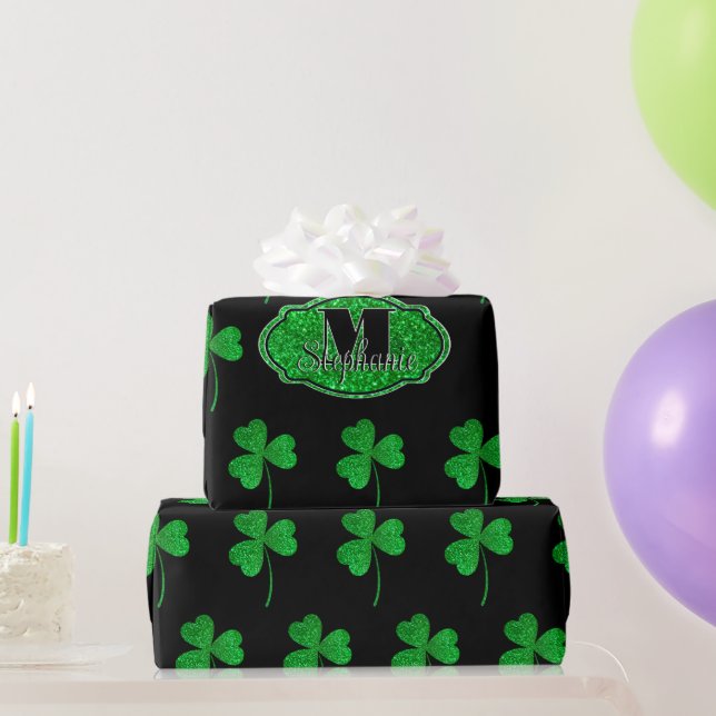Gröna Gnistrande Shamrocker Monogrammed St Patrick Presentpapper (Festgåvor)