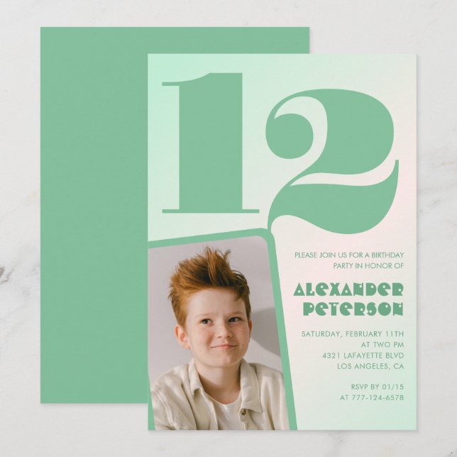 Gröna gradient 12-års födelsedagsinbjudningar Pojk Inbjudningar (Fram/baksida)