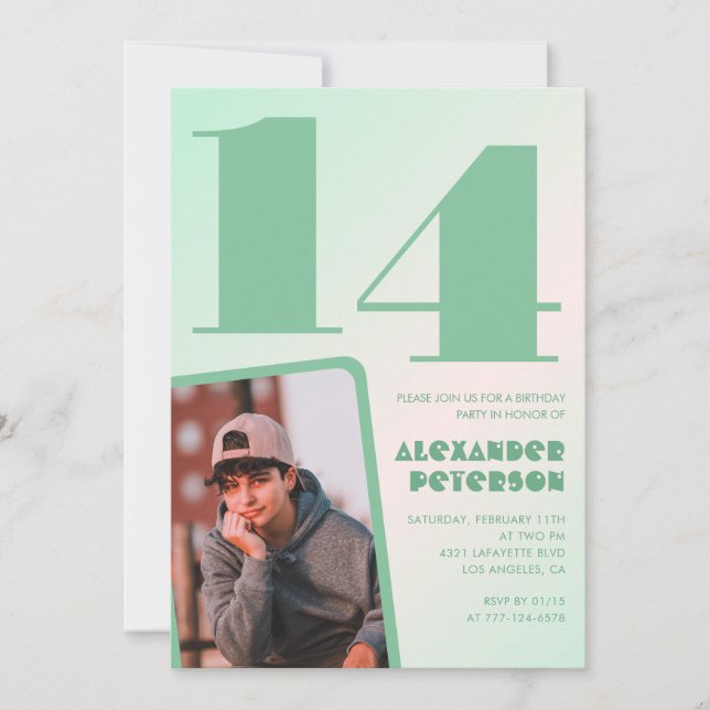 Gröna gradient 14-års födelsedagsinbjudningar Pojk Inbjudningar (Framsida)