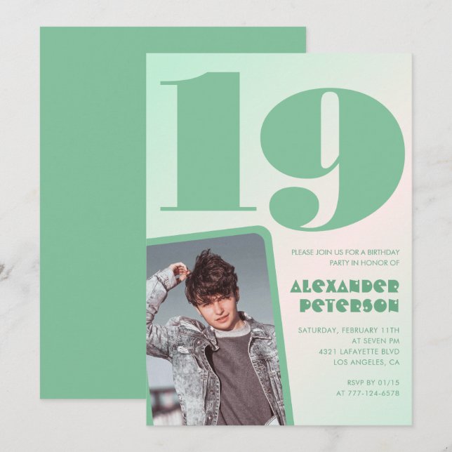 Gröna gradient 19-års inbjudan Pojke Foto (Fram/baksida)