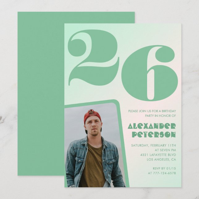 Gröna gradient 26-års födelsedagsinbjudningar Pojk Inbjudningar (Fram/baksida)