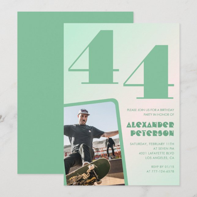 Gröna gradient 44-års födelsedagsinbjudningar Pojk Inbjudningar (Fram/baksida)